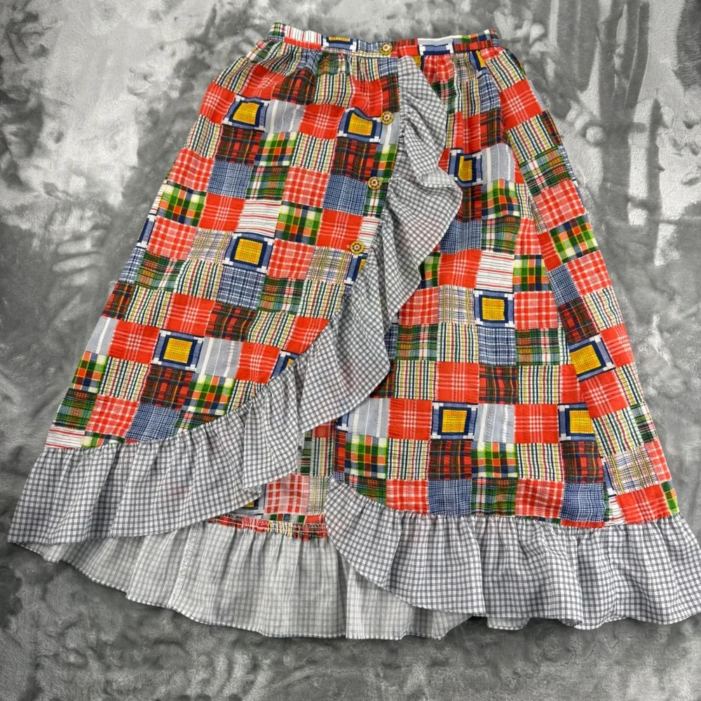 Vintage 70's Patchwork Plaid Ruffle Midi Skirt Boho Romantic Folk, High Waist - Picture 14 of 15